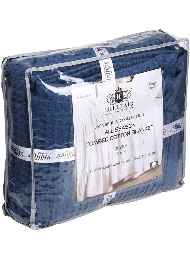 HILLFAIR 100% Combed Cotton Blanketâ€“ Queen Size Bed Blanketâ€“ Warm Soft All Season Breathable Lightweight Summer Blanketsâ€“ Waffle Weave Home Decor Bed Blanket- Navy Queen Bed Cotton Blankets/Bedcover - Image 5